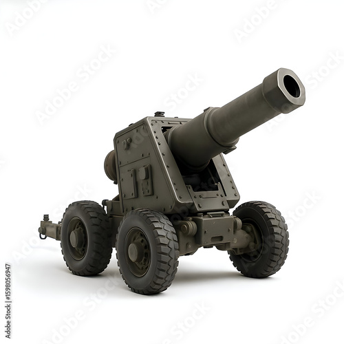vintage military cannon on rugged wheels isolated on white background