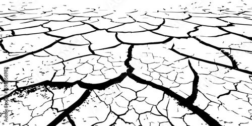 "A stark, black and white, high-contrast image showing a wide expanse of deeply cracked earth, stretching towards a distant horizon, emphasizing the textures and patterns of drought and desiccation."