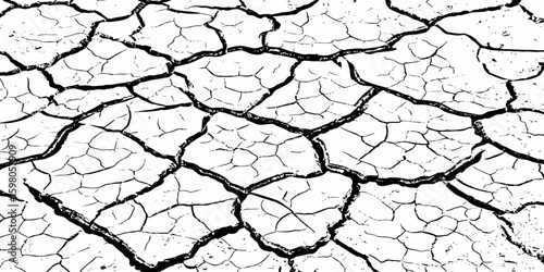 A stark, high-contrast, black and white close-up of severely cracked earth, showing a network of deep fissures and irregular polygons. The texture emphasizes the dryness and desolation of the ground.