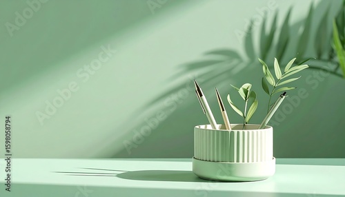 Desk Organizer with Pens and Greenery on Green Background
