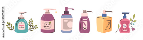Plastic, ceramic and glass containers for storing and dispensing liquid soap. Vector isolated collection of bottles with washing agents for hands with plants decoration. Hygiene and healthcare