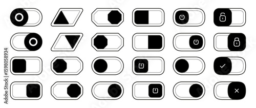 Sleek horizontal toggles in monochrome style with smooth animations. Vector various action buttons with indicators. Minimalist design for web and mobile dashboards. User control panels