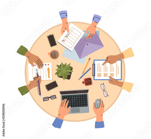 Employees working on project tasks and corporate issues. Vector brainstorming and dealing with documents on round table. Top view of worker hands in office loaded with work, documentation teamwork