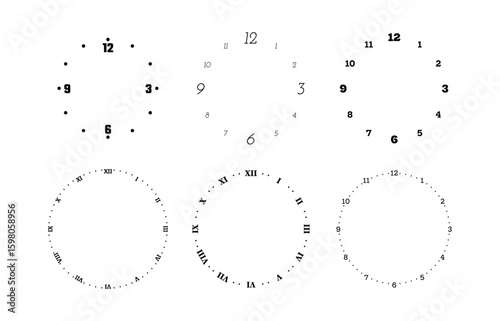 Analog watch dials collection with Roman numerals, bar markers and decorative textures. Vector clock faces with numeric scale in vintage and modern styles. Retro posters elements sets