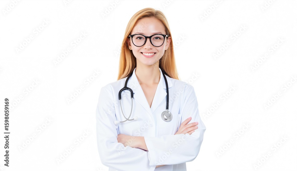 A smiling healthcare professional wearing a white coat and stethoscope, standing with arms crossed against a white background. A smiling healthcare professional wearing a white coat and stethoscope, standing with arms crossed against a white background.