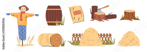 Haymaking in agriculture. Vector isolated scarecrow in wheat field, stacks of hay or straw, wooden tub with sack, felled tree and ax with stump. Season of grains harvesting, preparing for winter