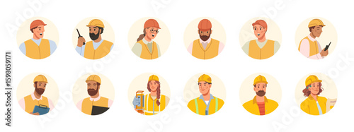Construction industry specialists icons. Vector isolated portraits of people in workings uniforms. Skilled builders, men and women in helmets. Cartoon characters of diverse nationalities