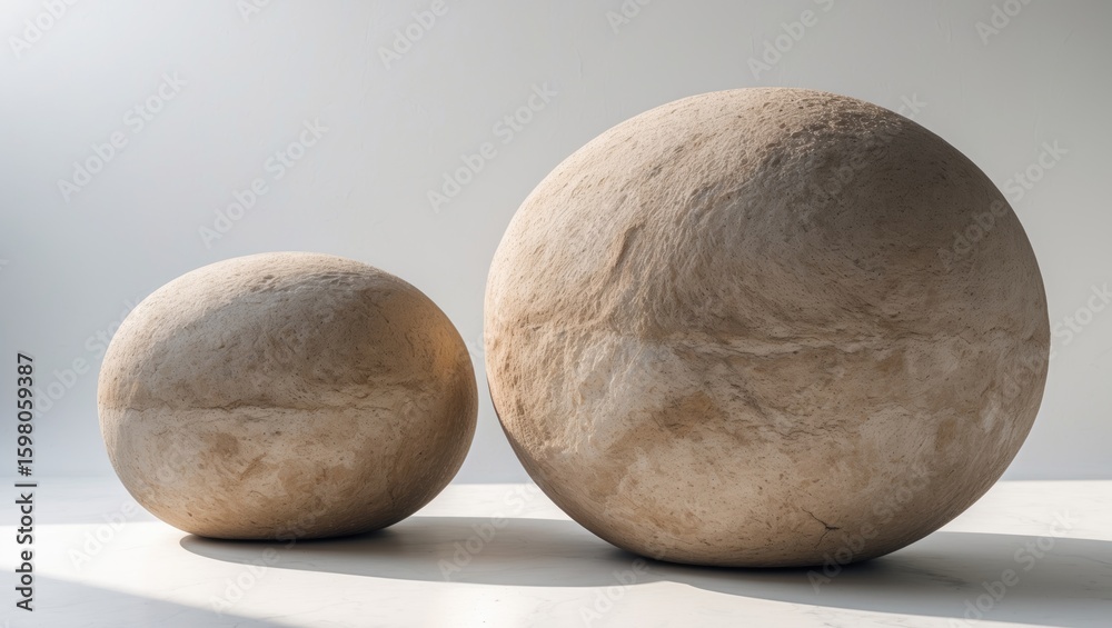 Fototapeta premium Two stones of different sizes placed on a flat surface with a neutral background.