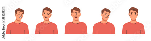 Male character expressing different emotions. Vector cartoon personage with positive facial expression. Isolated collection of face feelings and sentiments of young guy. Smiling, laughing and winking
