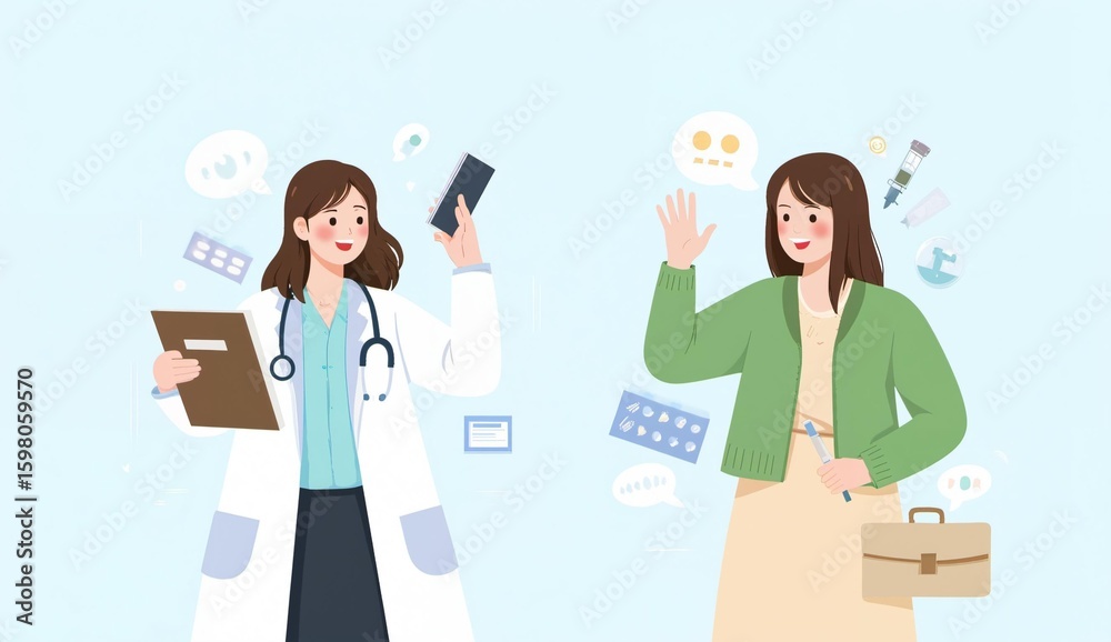Illustration of a healthcare professional and a patient discussing medical information Illustration of a healthcare professional and a patient discussing medical information