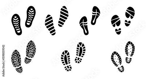 Human footprints silhouette collection. Vector isolated set of people footmarks in grunge style. Adult imprints or steps. Flip flops or slippers, calf and snow boots, saddle shoes and sneakers