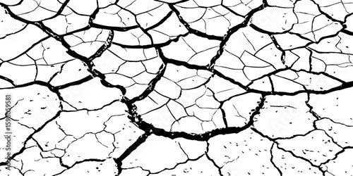 A stark, high-contrast, black and white close-up of severely cracked earth, showing a network of deep fissures and irregular polygons. The texture emphasizes the dryness and desolation of the ground.