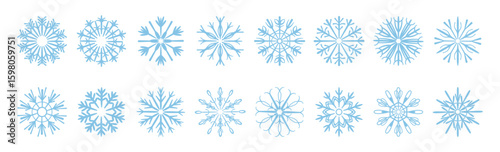 Wintertime snowflakes with different shape and unique ornaments. Vector in flat style, isolated set of blue snow flakes, frozen water. Seasonal and winter design, blizzard or weather decorative design