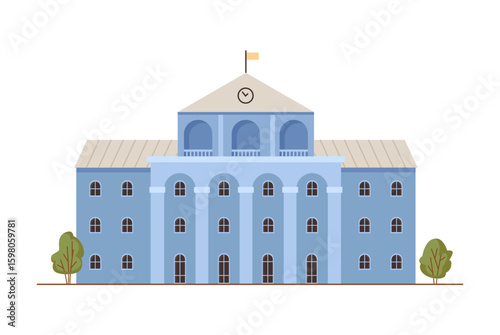 Building of state institution, bank structure facade with clock. Vector construction with columns and flag on roof for ambassadors and museums, courts and universities. City facility object