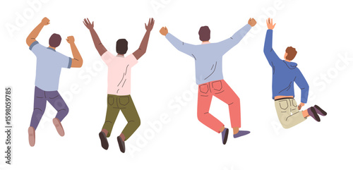 Male characters jumping and flying from happiness and content. Vector group of young guys expressing joy and success. Positive people celebrating or dancing. Men in motion, back view of personages