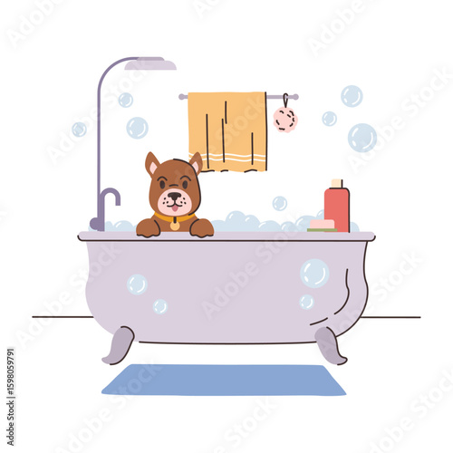 Cute dog resting in bathtub with soapy bubbly water. Vector puppy with wet fur and excited and curious muzzle expression sitting in tub with foam and bubbles. Home pets care and hygiene