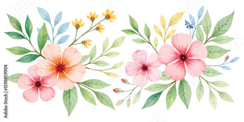 Watercolor illustration of floral arrangement with pink blossoms, yellow flowers, and green leaves.