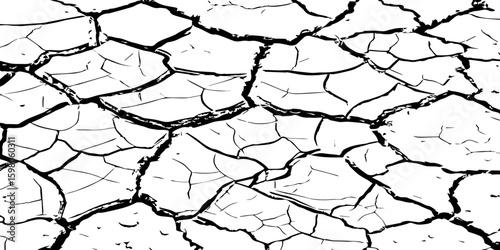 A stark, high-contrast, black and white close-up of severely cracked earth, showing a network of deep fissures and irregular polygons. The texture emphasizes the dryness and desolation of the ground.