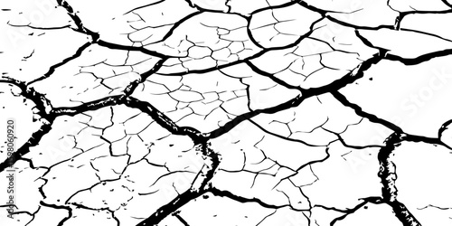 A stark, high-contrast, black and white close-up of severely cracked earth, showing a network of deep fissures and irregular polygons. The texture emphasizes the dryness and desolation of the ground.
