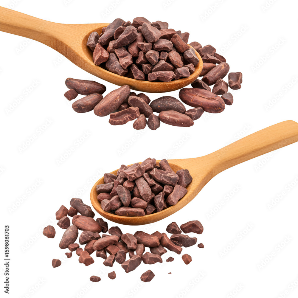Fototapeta premium Cacao Nibs in Wooden Spoon Isolated on Black Background