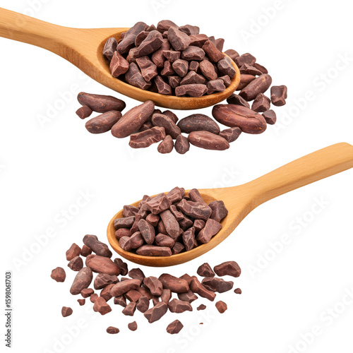 Cacao Nibs in Wooden Spoon Isolated on Black Background