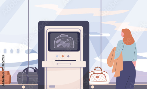 Airport x ray baggage security. Woman waiting bags near belt conveyor, baggage claim in terminal. Travel, vacation or business trip, before flight vector scene