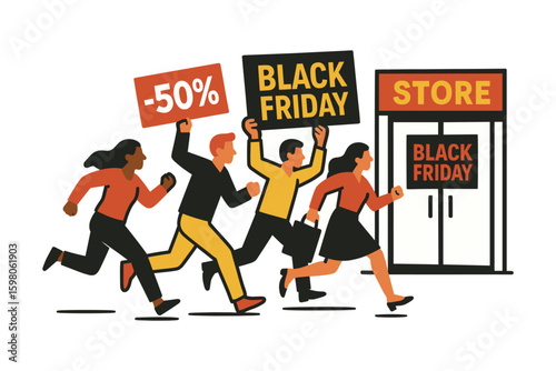 Illustration of excited shoppers running toward a store for Black Friday deals, holding discount and sale signs.
