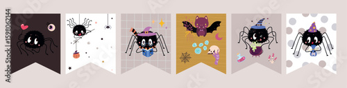 Halloween flags bunting garland. Spooky banners with creepy spiders. Freaky spider with book, witch elements, bat. Childish creatures, vector templates