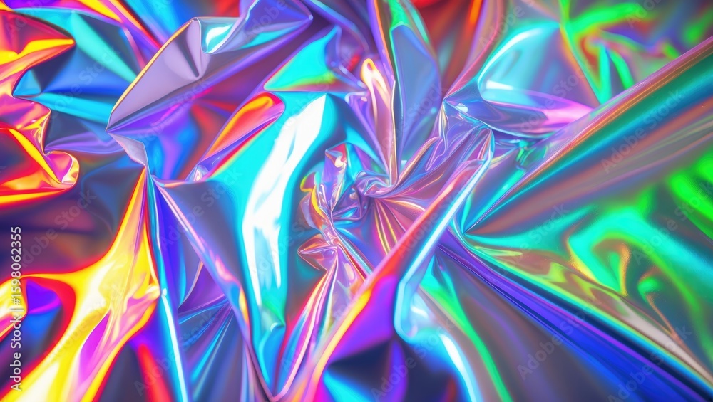 Obraz premium Colorful holographic fabric or material with iridescent, shiny, and reflective surfaces in various vibrant colors and abstract folds.