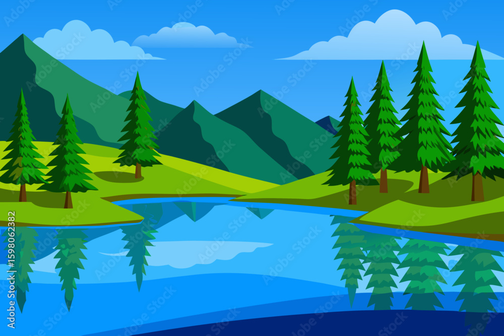Fototapeta premium Cartoon Forest Lake Landscape – Vector Nature Scene with Trees and Water