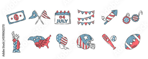 American culture hand drawn icon collection. 4th of july independence day. Set 2 of 3. Vector illustration.
