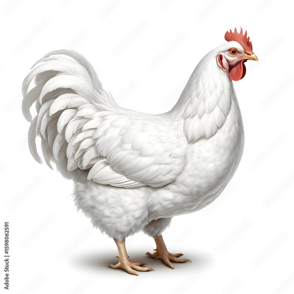 Fototapeta premium white rooster standing proud with detailed feathers and red comb isolated on white background