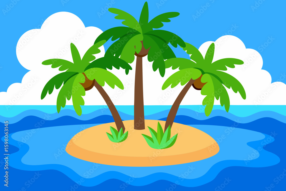Fototapeta premium Cartoon Tropical Island with Palm Trees – Vector Beach Illustration