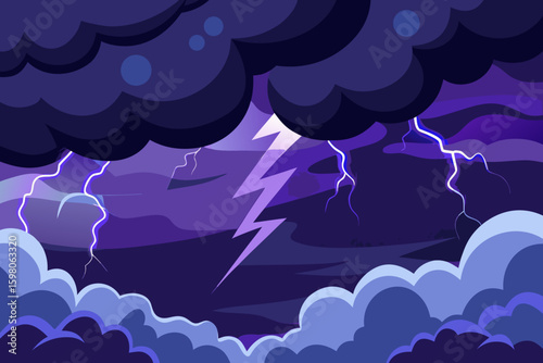 Dramatic Thunderstorm with Lightning Strikes and Dark Storm Clouds Illustration