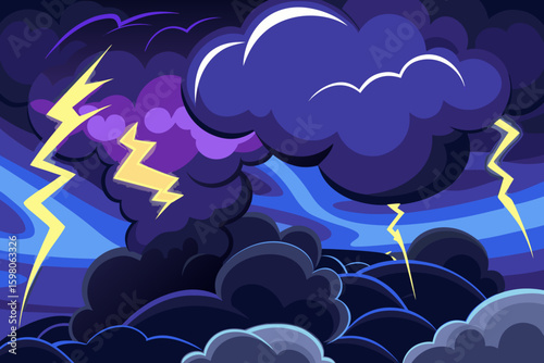 Dramatic Thunderstorm with Lightning Strikes and Dark Storm Clouds Illustration