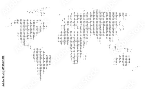 Vector illustration of a world map made of binary numbers. Global data, digital communication, and internet technology. Includes elements of code, network, cyber security, and information design.