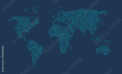 Vector illustration of a world map made of binary numbers. Global data, digital communication, and internet technology. Includes elements of code, network, cyber security, and information design.