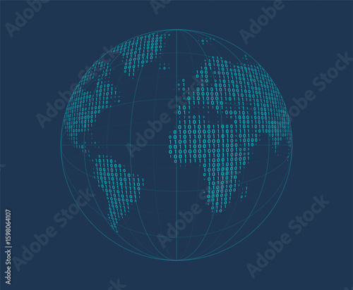 Vector illustration of a globe covered with binary code, Digital world, global data technology network. Spherical map design. Communication, cyber intelligence, internet security futuristic concept