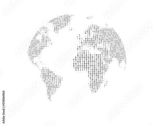 Vector illustration of a globe covered with binary code, Digital world, global data technology network. Spherical map design. Communication, cyber intelligence, internet security futuristic concept