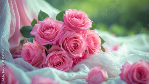 Pink roses arranged with soft fabric on a blurred green background. Flowers and floral arrangement, botanical, garden, nature. The concept of romance and elegance.