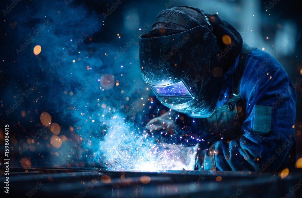 Fototapeta premium Industrial Welder's Intense Focus: Blue Sparks Fly During Metal Fabrication in a Dark Factory Setting