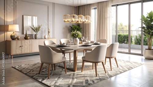 Dining Room Setup with Table, Chairs, and Modern Lighting