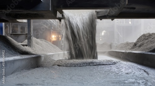 Concrete infused with mineralized co2 cascades from a mixer's discharge chute, showcasing an eco friendly approach to concrete production by reducing carbon footprint