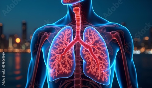 Human Respiratory System Highlighted in X-Ray View Against Cityscape Background