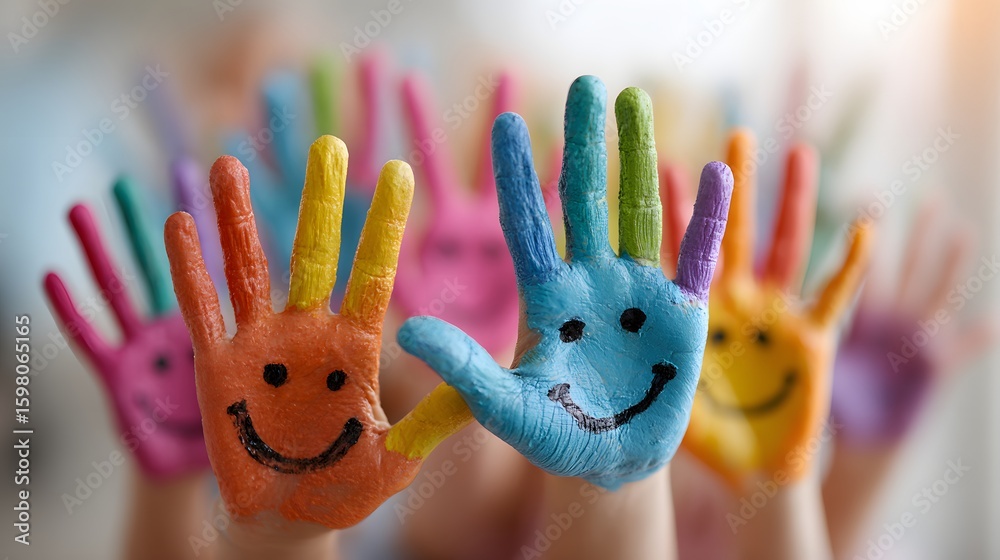 Fototapeta premium Colorful Painted Hands with Smiling Faces in Bright Colors for Children's Art and Creativity