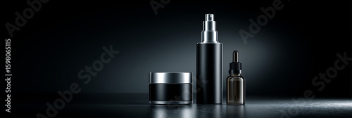 luxury minimal black skincare set airless pumps jars droppers matte + glossy contrast on deep charcoal gradient background rim light defining shapes, high end cosmetic branding placeholder no logos co