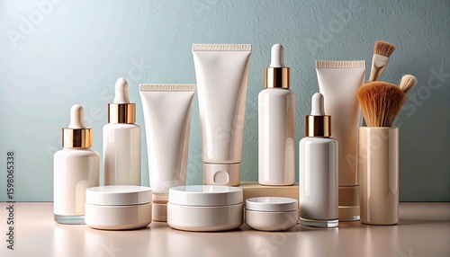 An assortment of cosmetic products, including bottles, tubes, and jars, arranged on a surface with makeup brushes.