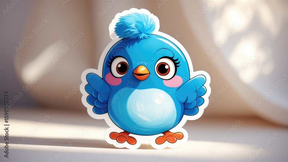 Obraz premium Colorful cartoon bird toy with big eyes, blue feathers, and a fluffy tuft on head.