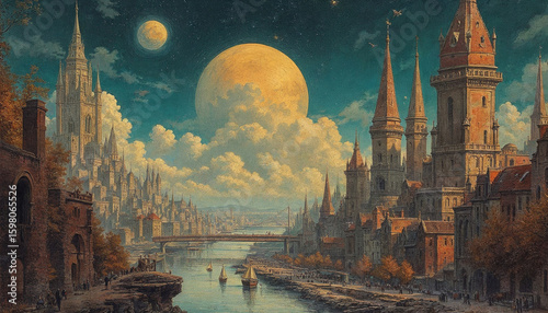 Futuristic space cityscape with a view from an open window
