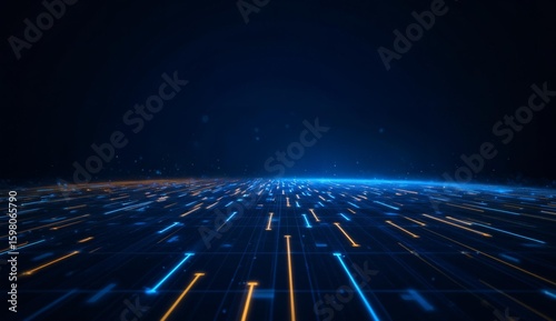 Digital data stream with glowing blue and yellow lines on a dark background